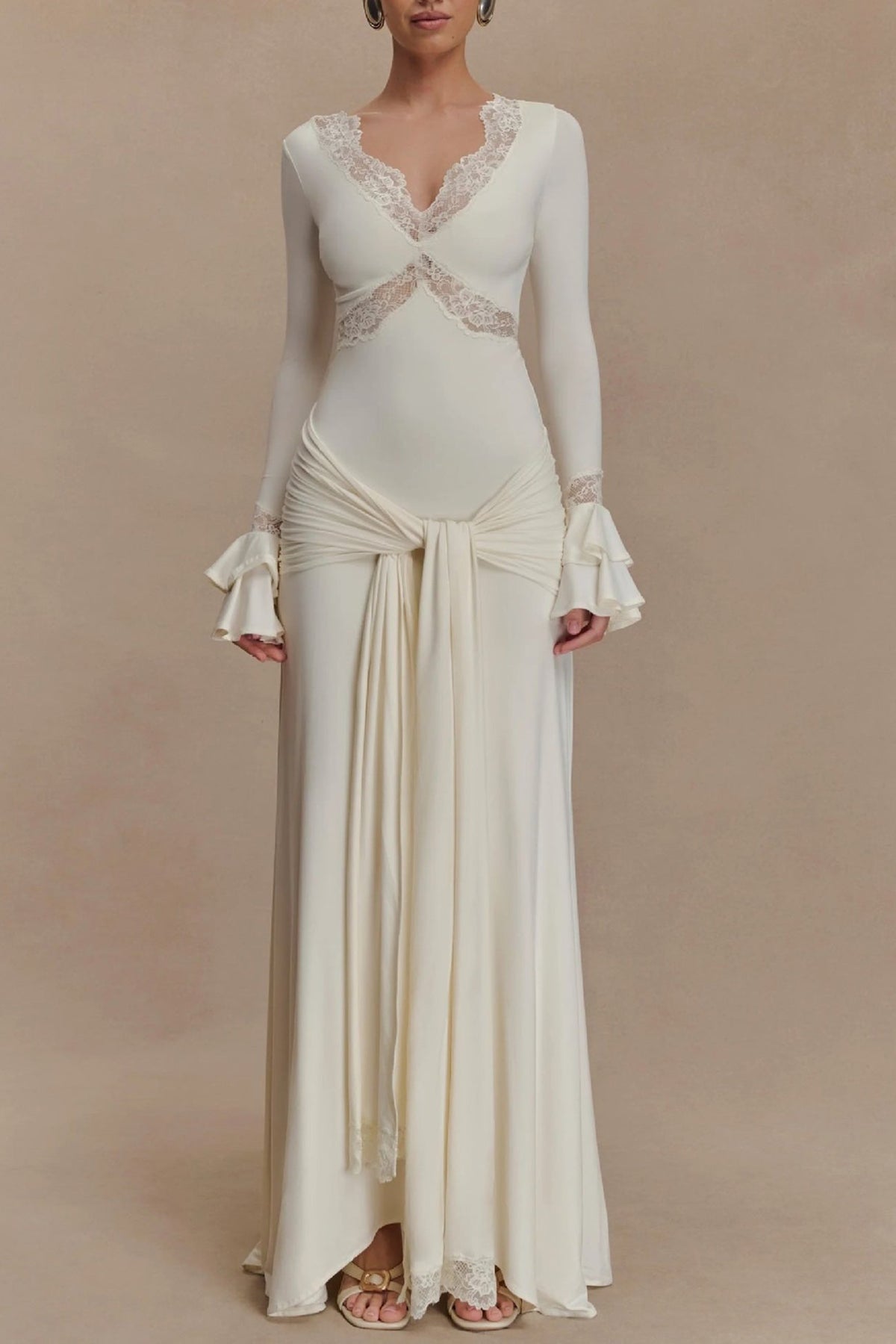 Lace Patchwork Flare Sleeve Tie-up Maxi Dress - View 14