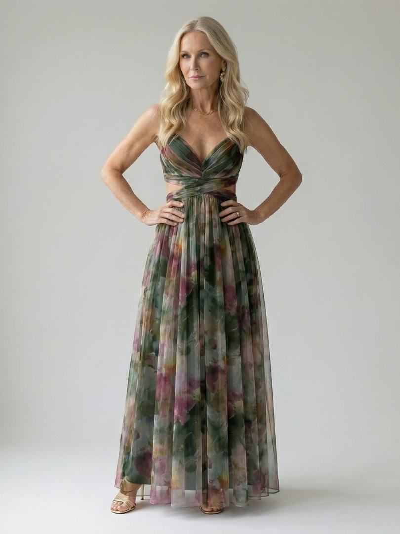 V-Neck Spaghetti Strap Floral Tulle Maxi Dress 11