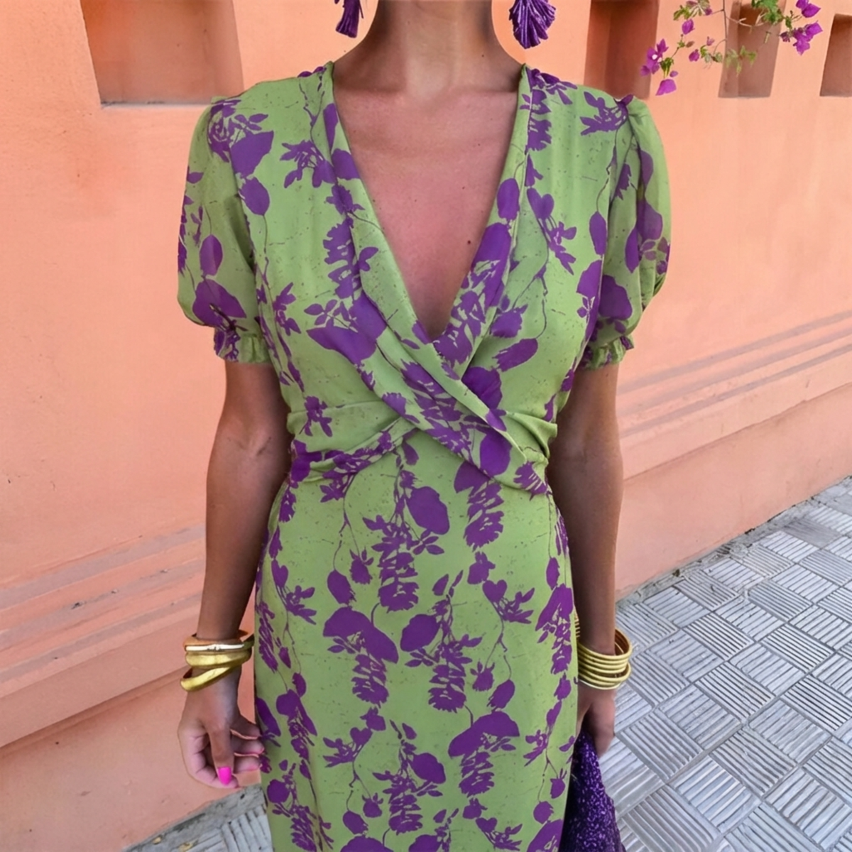 Floral Print V-Neck Puff Sleeve Wrap Midi Dress 3