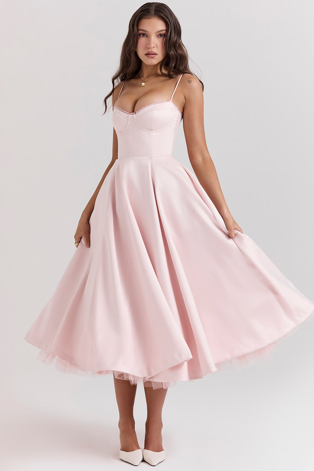 Spaghetti Strap Sweetheart Lace Trim Corset Midi Cocktail Dress - View 5