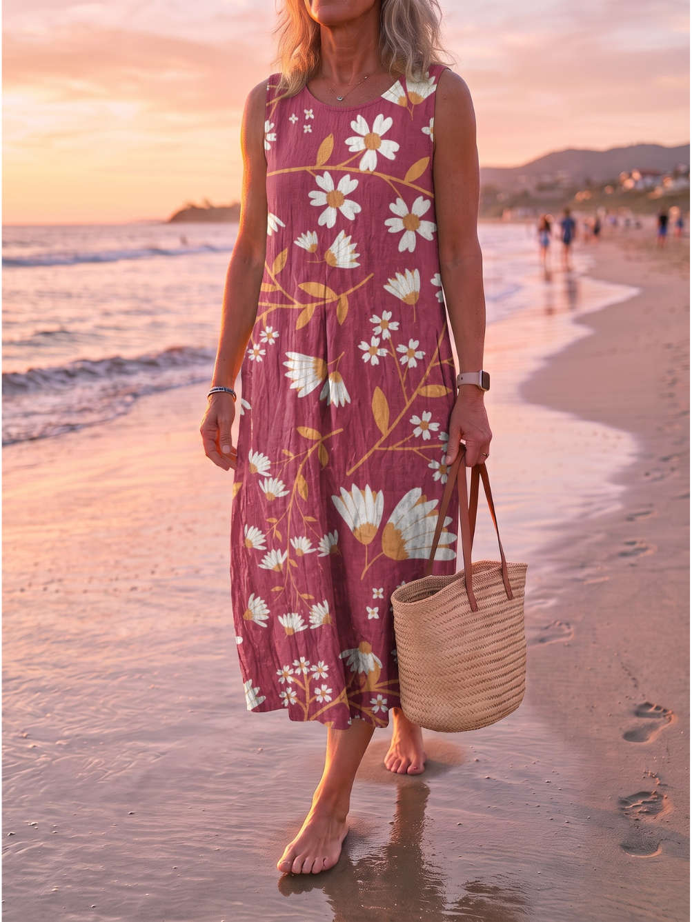 Daisy Floral Print Scoop Neck Sleeveless Midi Dress