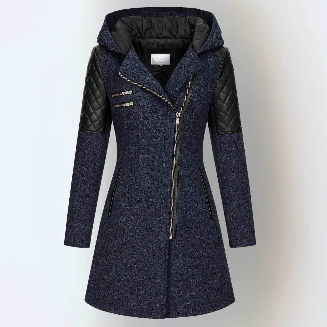 Hooded Quilted Faux Leather Sleeve Zip Front Coat 5