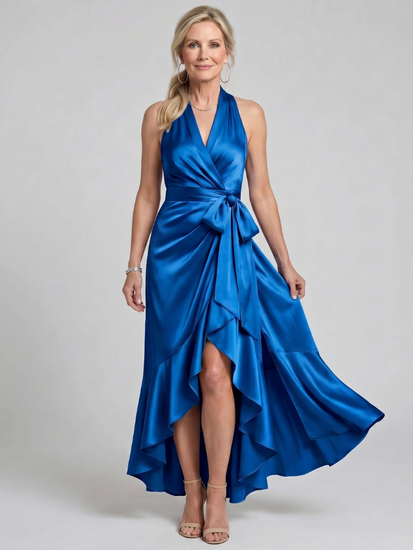 Satin Halter Neck Wrap Ruffle High Low Maxi Dress 10