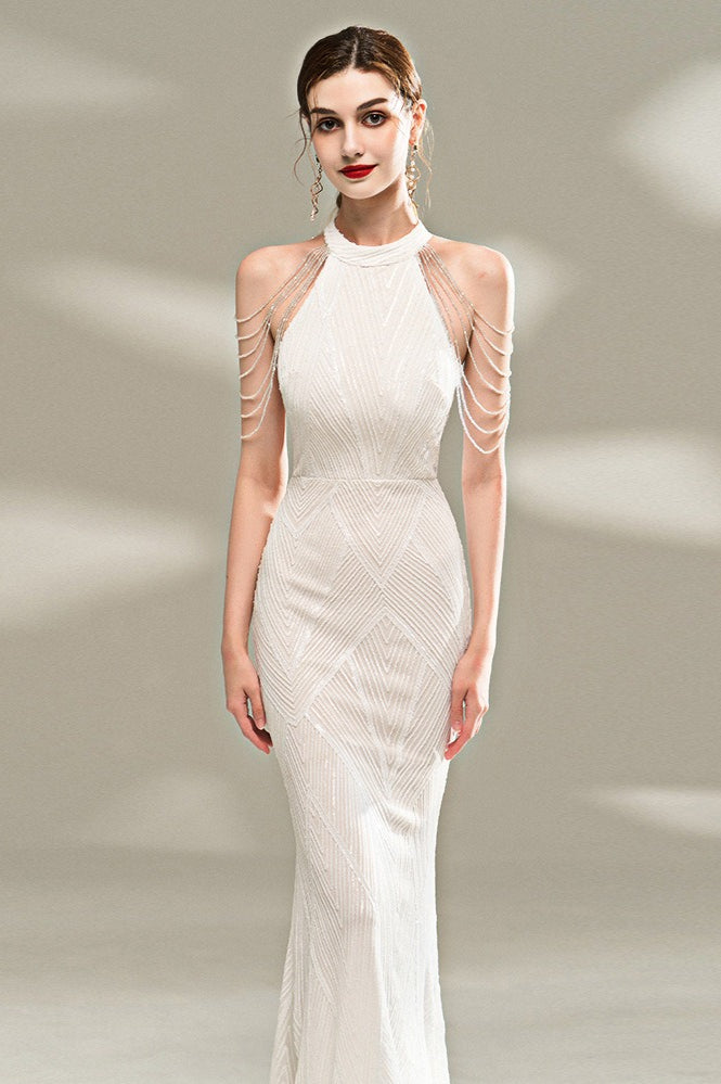 Sequin Halter Neck Fringe Trim Mermaid Maxi Gown - View 2