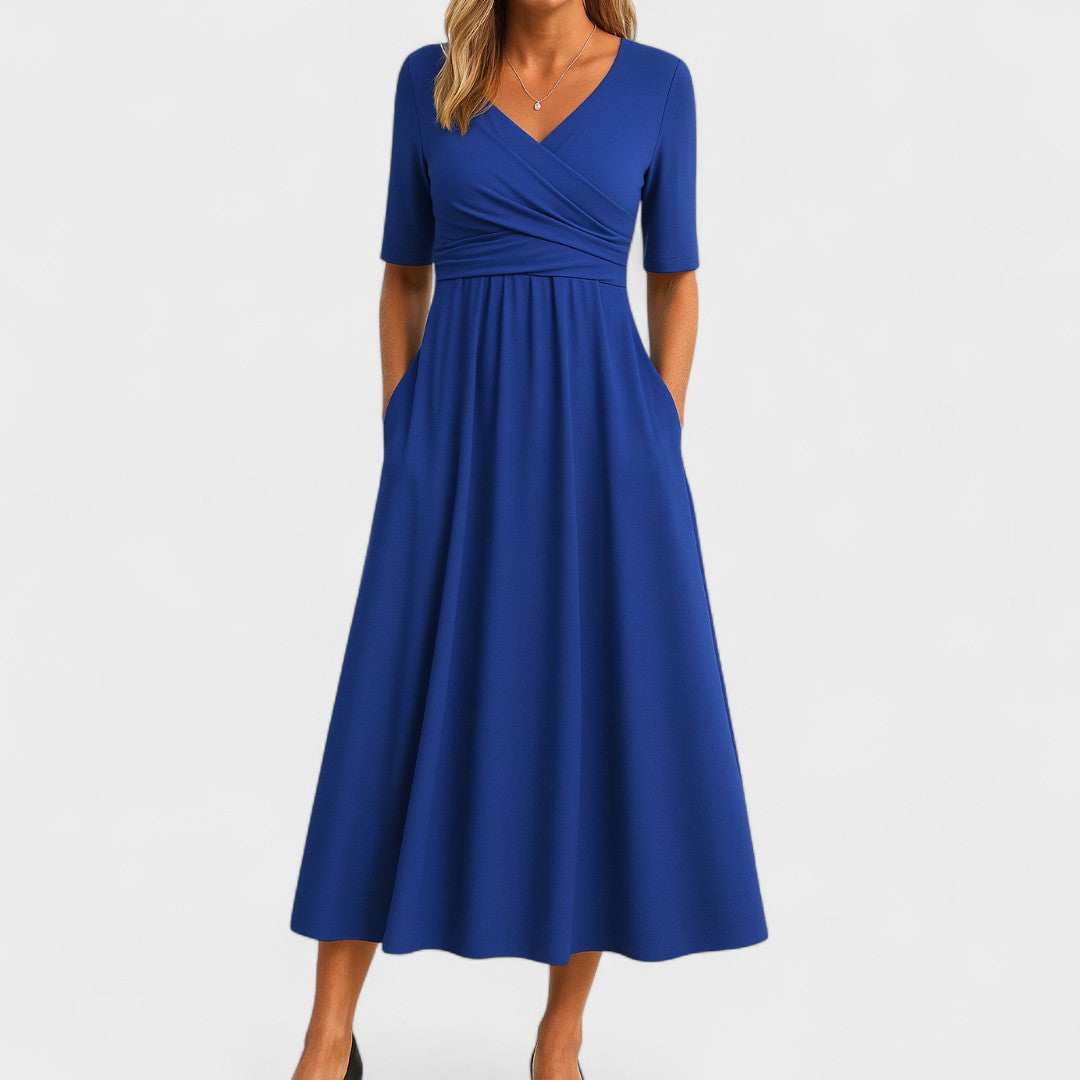 V-Neck Short Sleeve Wrap Fit and Flare Midi Dress 4