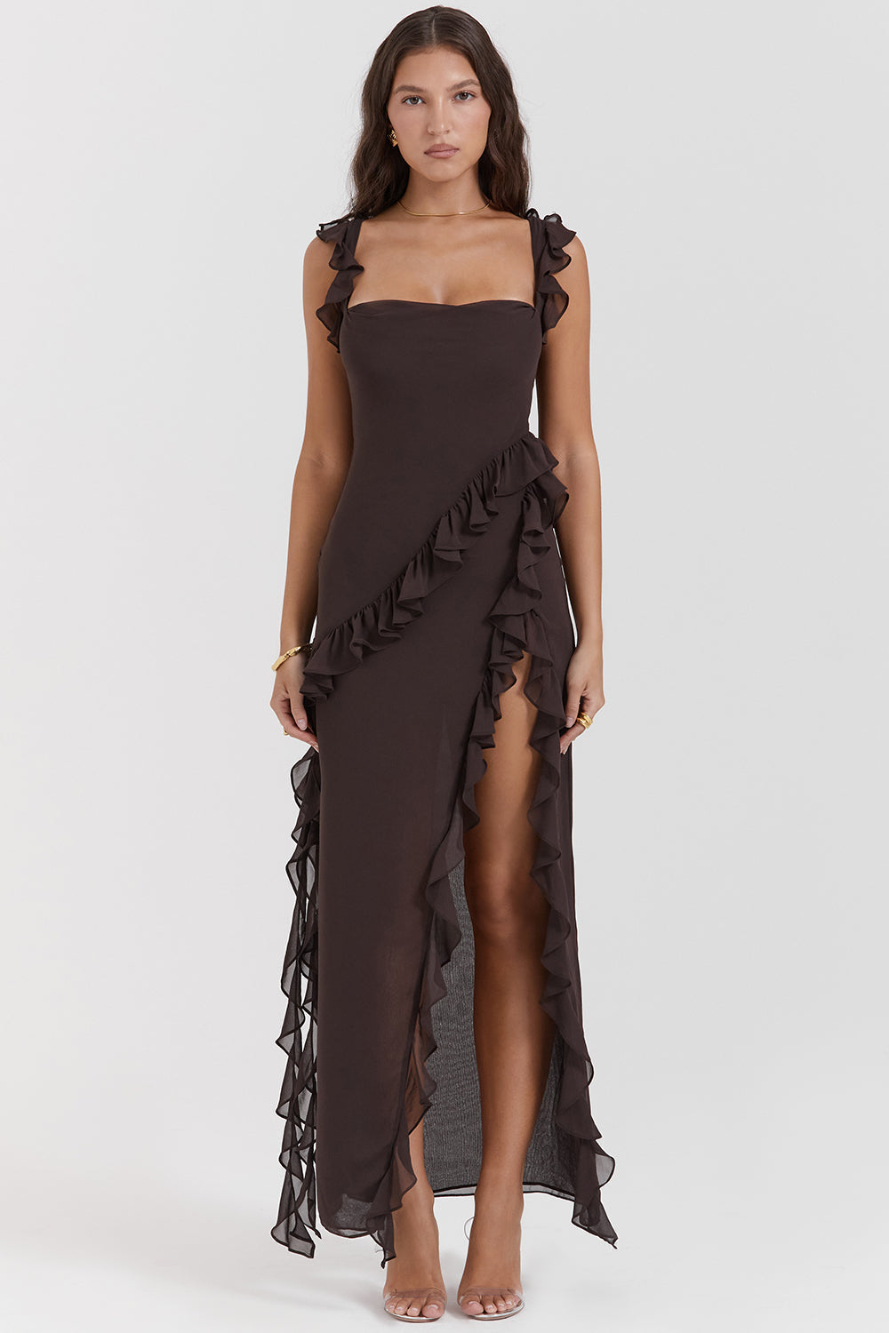 Chiffon Square Neck Ruffle Strap High Split Maxi Gown 36