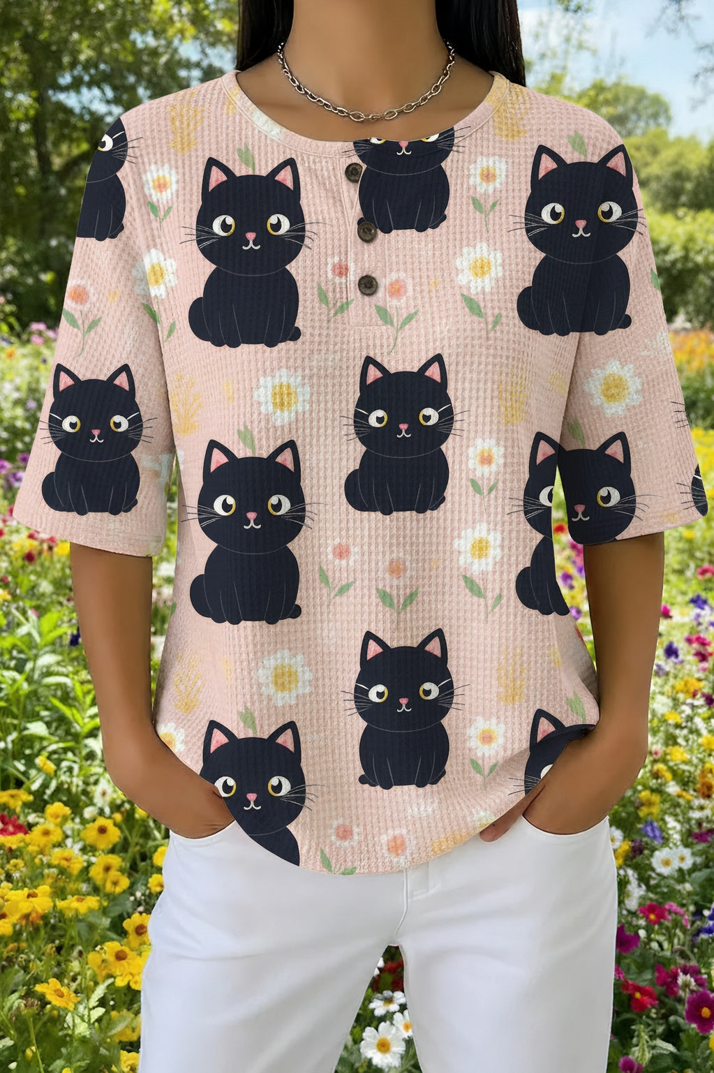 Cat Print Waffle Knit Henley Short Sleeve Top