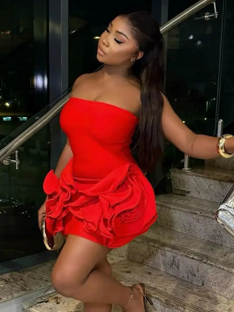 Strapless 3D Flower Bodycon Mini Party Dress - View 2