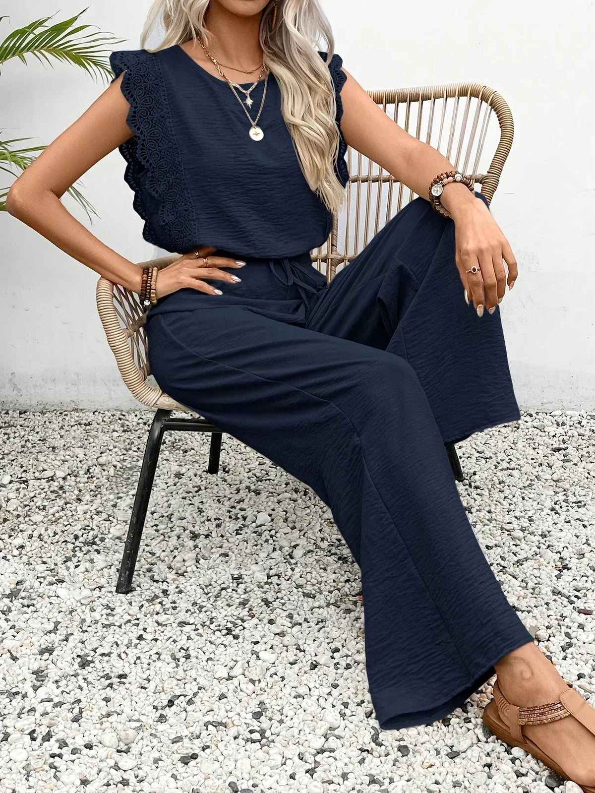 Round Neck Lace Trim Cap Sleeve Wide Leg Jumpsuit 6