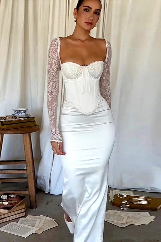 Satin Sweetheart Lace Sleeve Corset Mermaid Maxi Dress - View 3