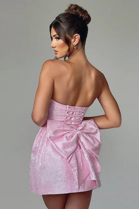 Jacquard Strapless Bow Back Fit and Flare Mini Dress in Pink - View 2