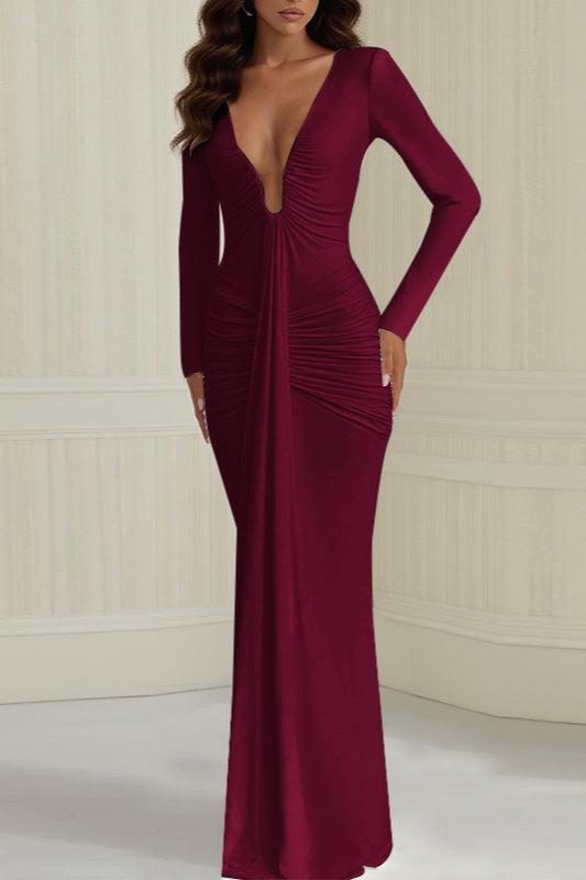 Deep V-Neck Long Sleeve Ruched Mermaid Gown - View 3