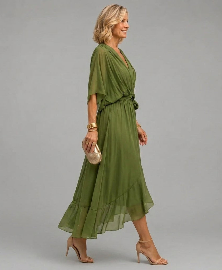 Chiffon Deep V-Neck Flutter Sleeve Tie Waist Ruffle Midi Dress 2