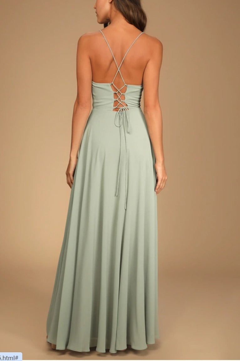 Chiffon Cowl Neck Lace Up Back High Split Maxi Dress - View 7