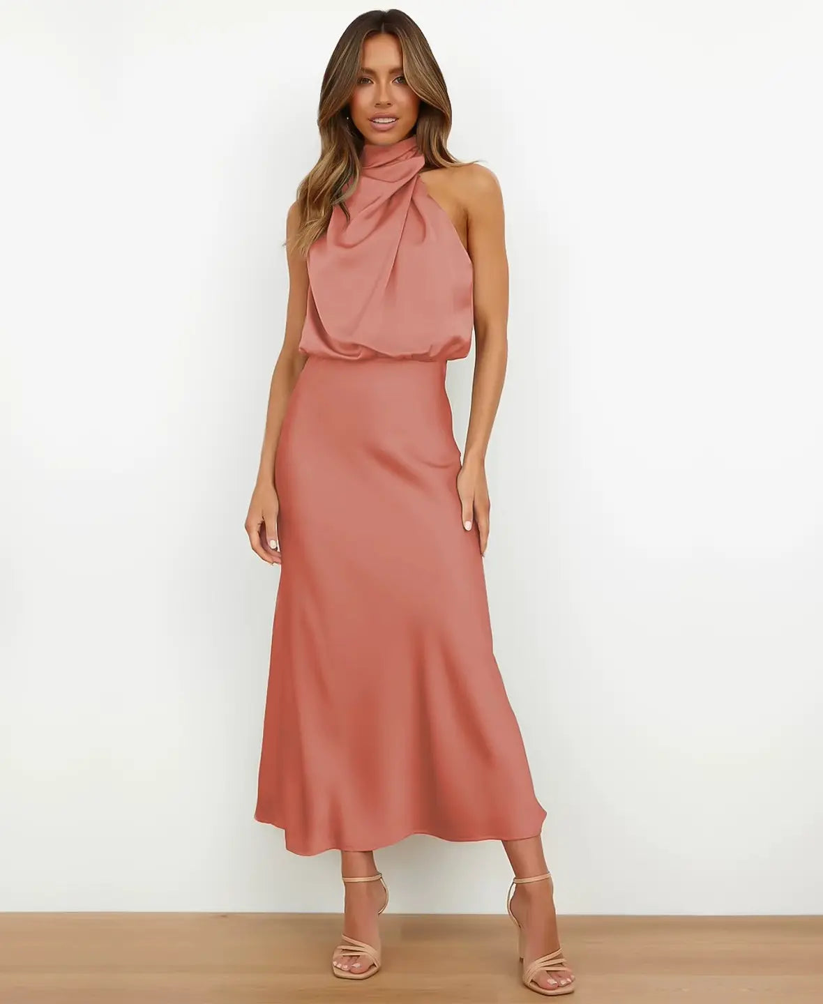 Satin Halter Neck Draped Cowl Bias Midi Dress 7