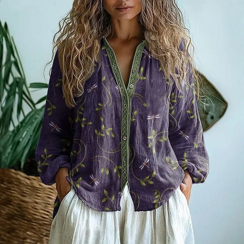 Dragonfly Print Split Neck Long Sleeve Blouse