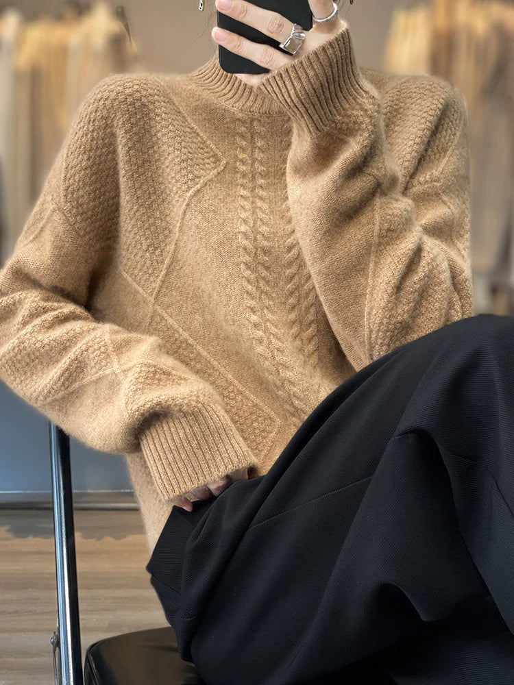 Mock Neck Long Sleeve Cable Knit Sweater 8