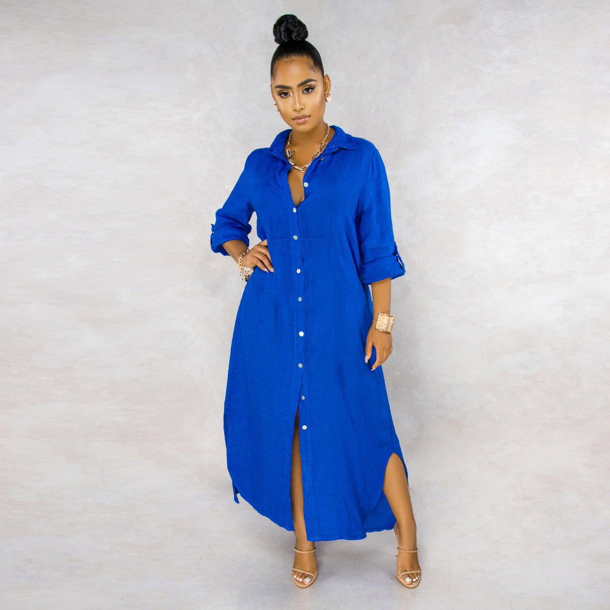 Button Down Collared Roll Tab Sleeve Box Pleat Maxi Shirt Dress - View 5