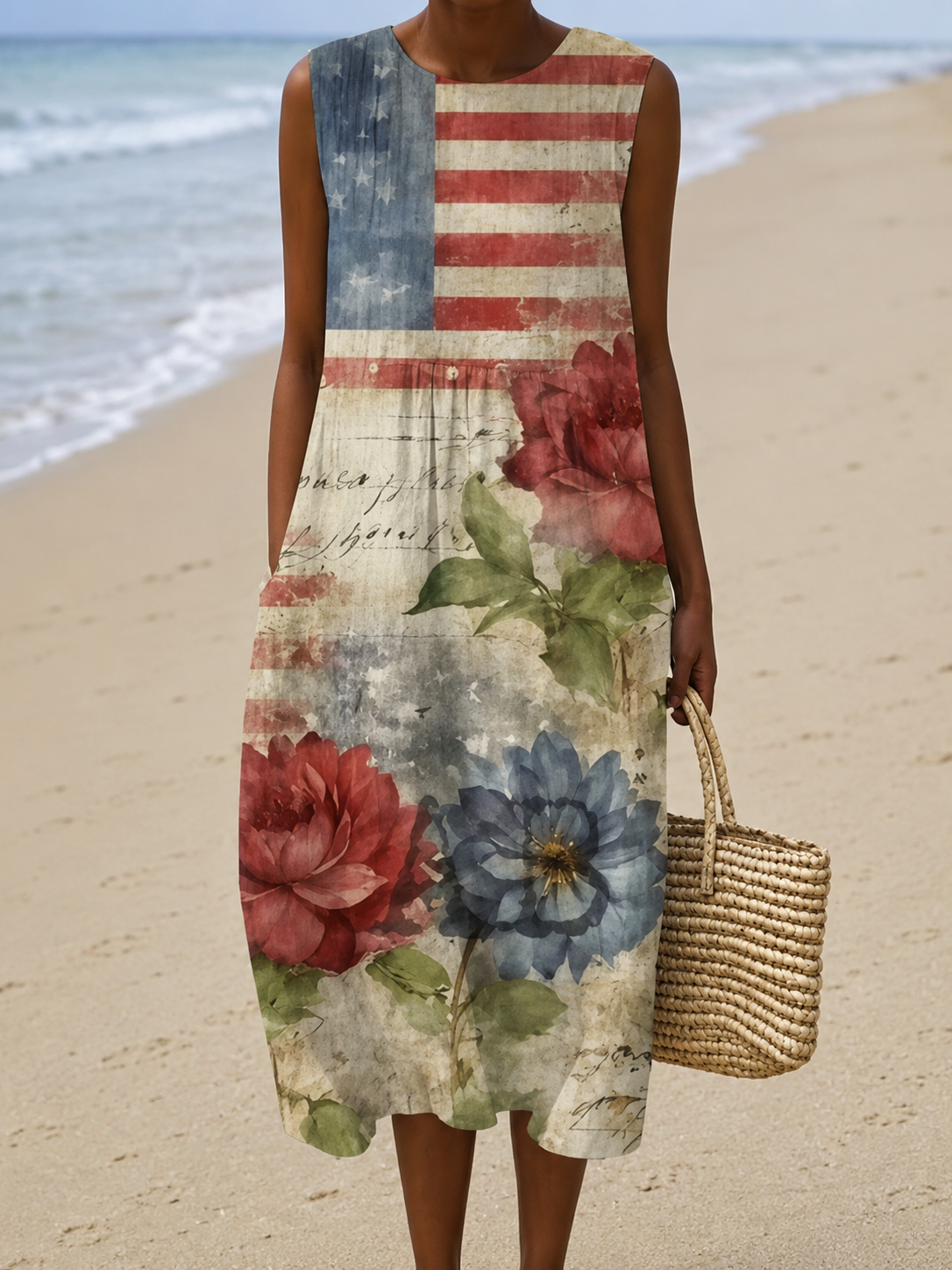 American Flag Floral Sleeveless Crew Neck Midi Dress