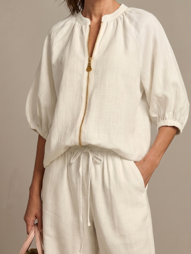 Puff Sleeve Zip Front Top and Wide Leg Pants Two Piece Set 11