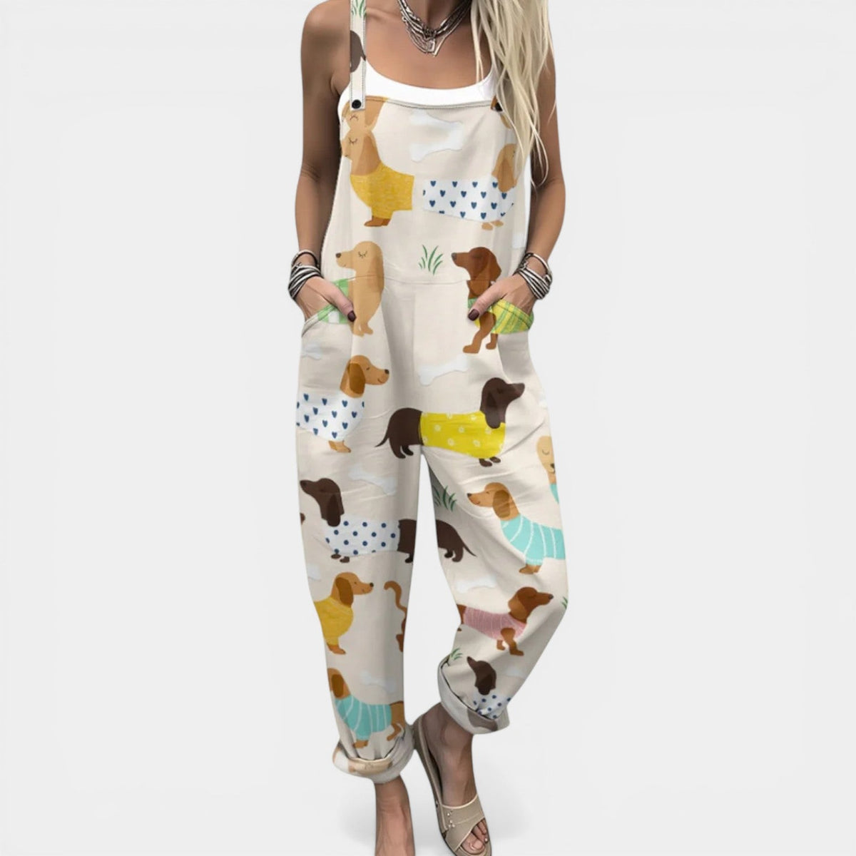 Dachshund Print Sleeveless Pocket Overall Jumpsuit