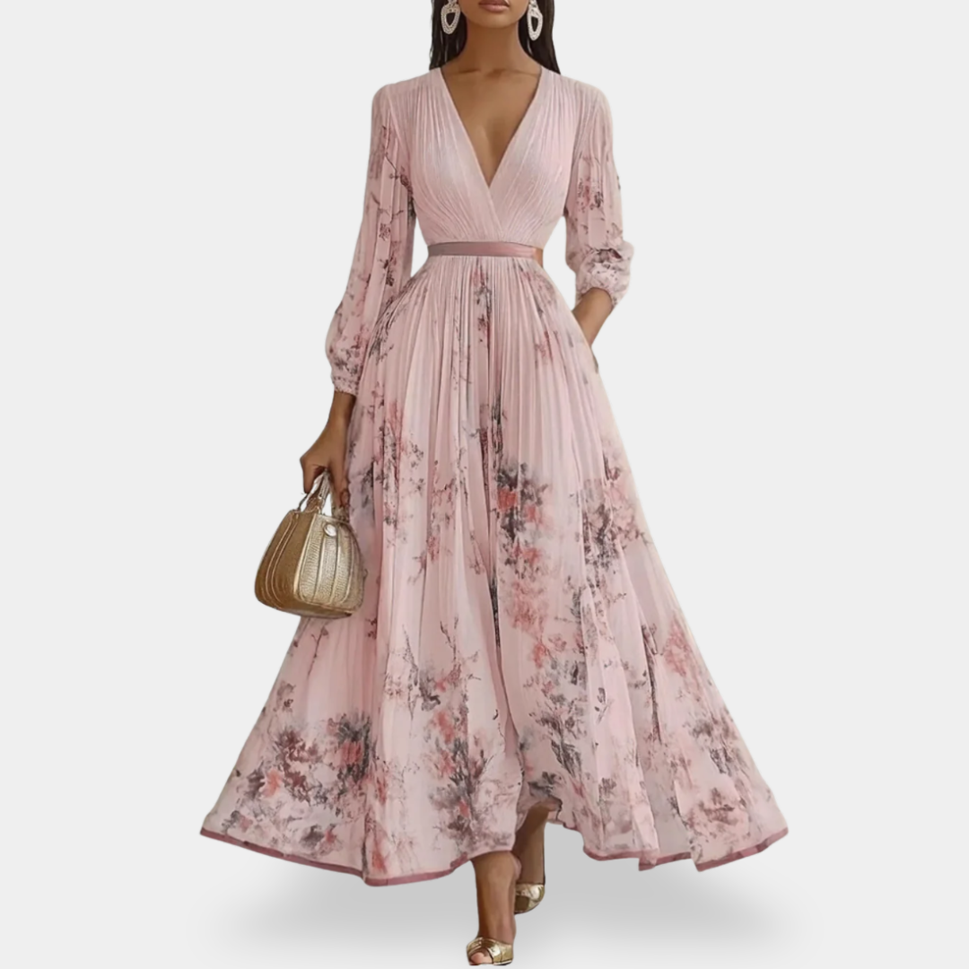 Marble Print Deep V-Neck Pleated Belted Sleeveless Midi Dress 6