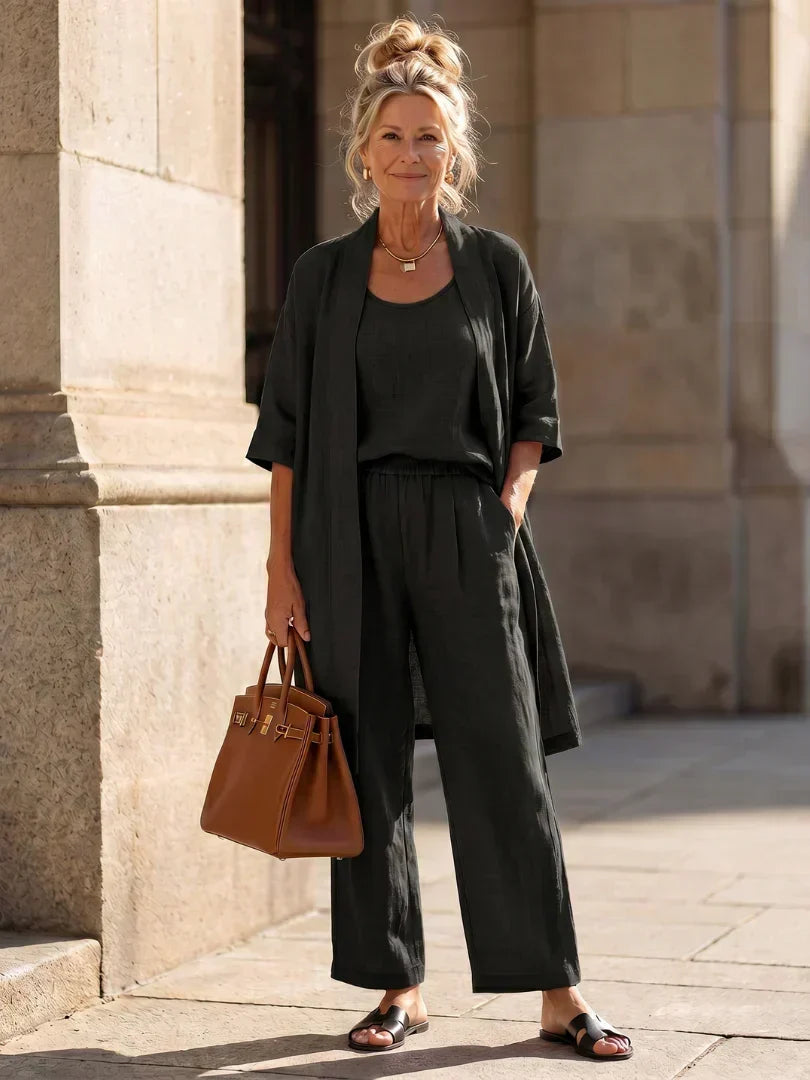 Sleeveless Tank Open Front Kimono and Wide Leg Pants Three Piece Set 4