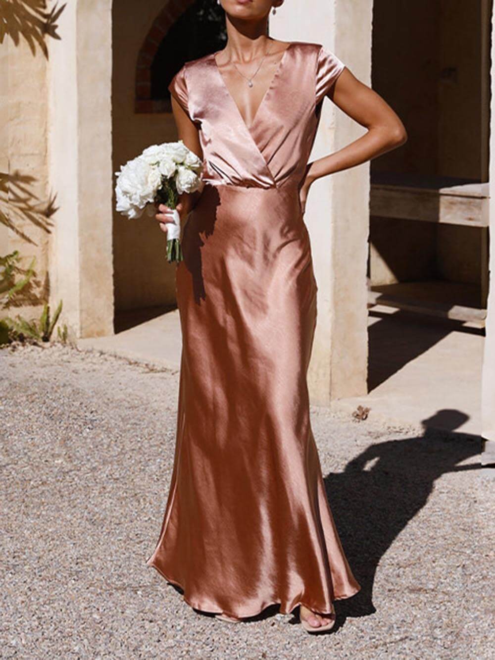 Satin Wrap V-Neck Cap Sleeve Mermaid Maxi Party Dress - View 17