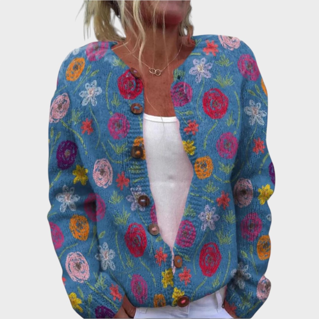 Floral Print Button Front Knit Cardigan