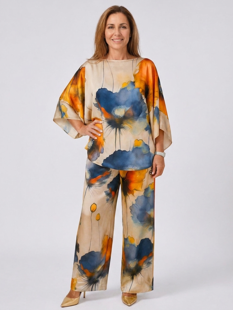 Floral Print Boat Neck Batwing Top and Wide Leg Pants Two Piece Set