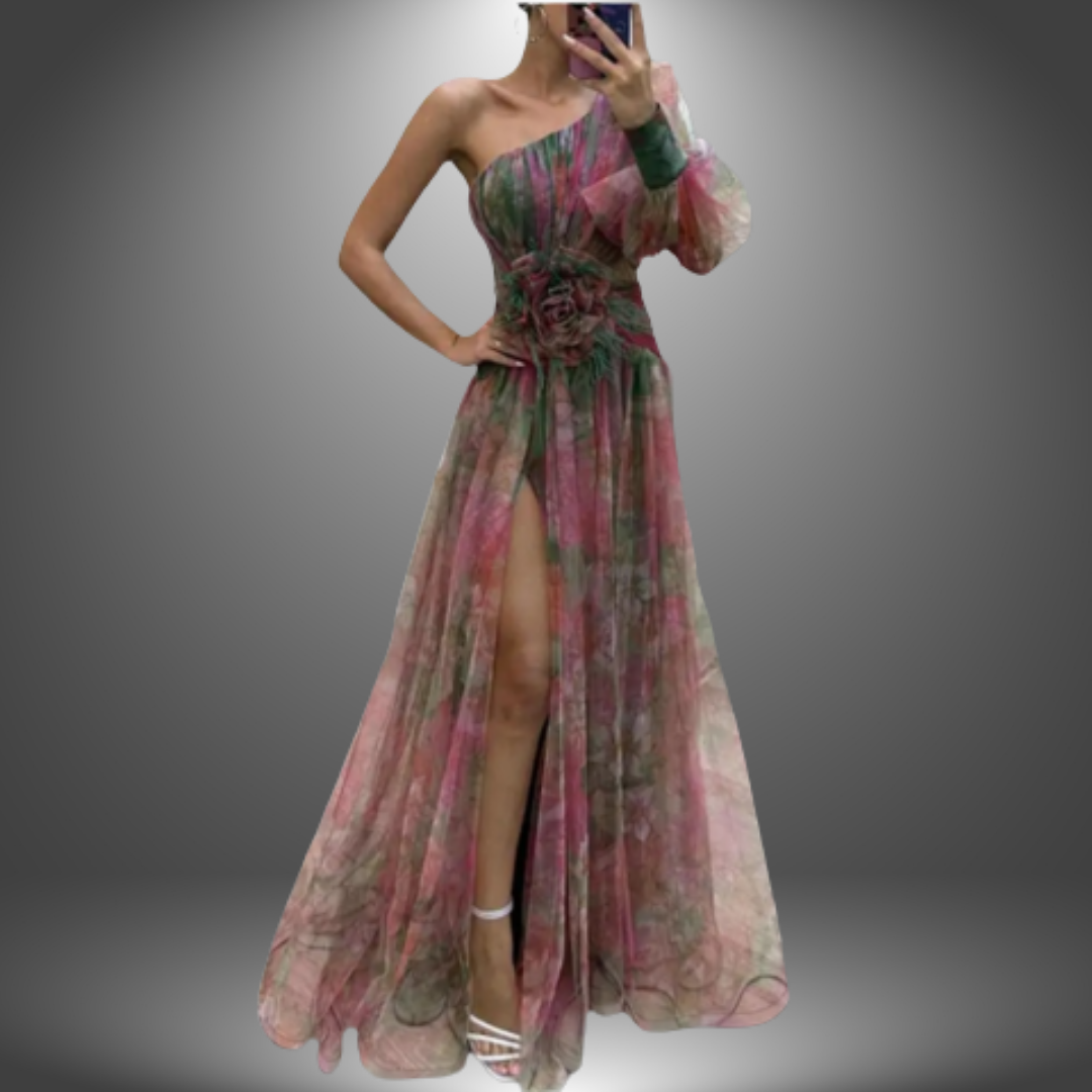 Watercolor Print One Shoulder Rosette Waist High Split Gown 3