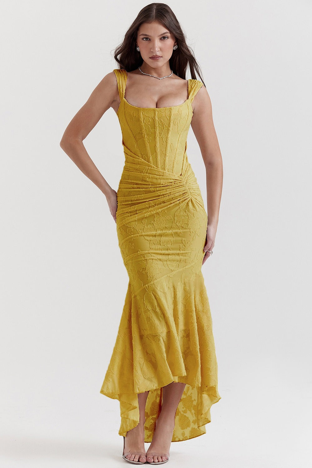 Jacquard Square Neck Corset Ruched Mermaid Gown - View 6