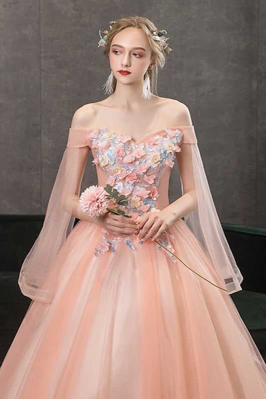Tulle Off Shoulder Floral Ball Gown - View 3
