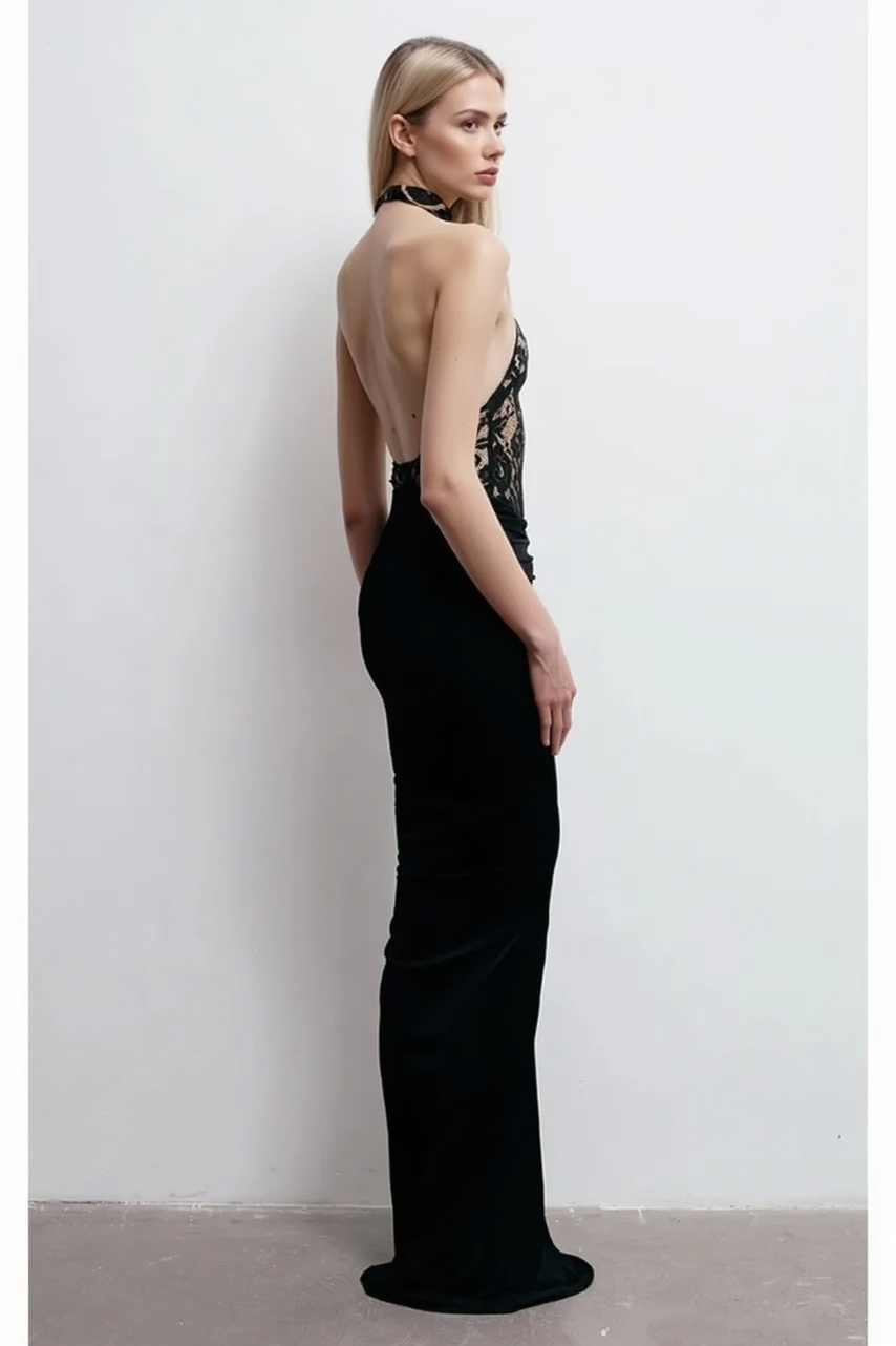 Floral Lace Halter Mock Neck Ruched Hip Column Maxi Gown - View 3