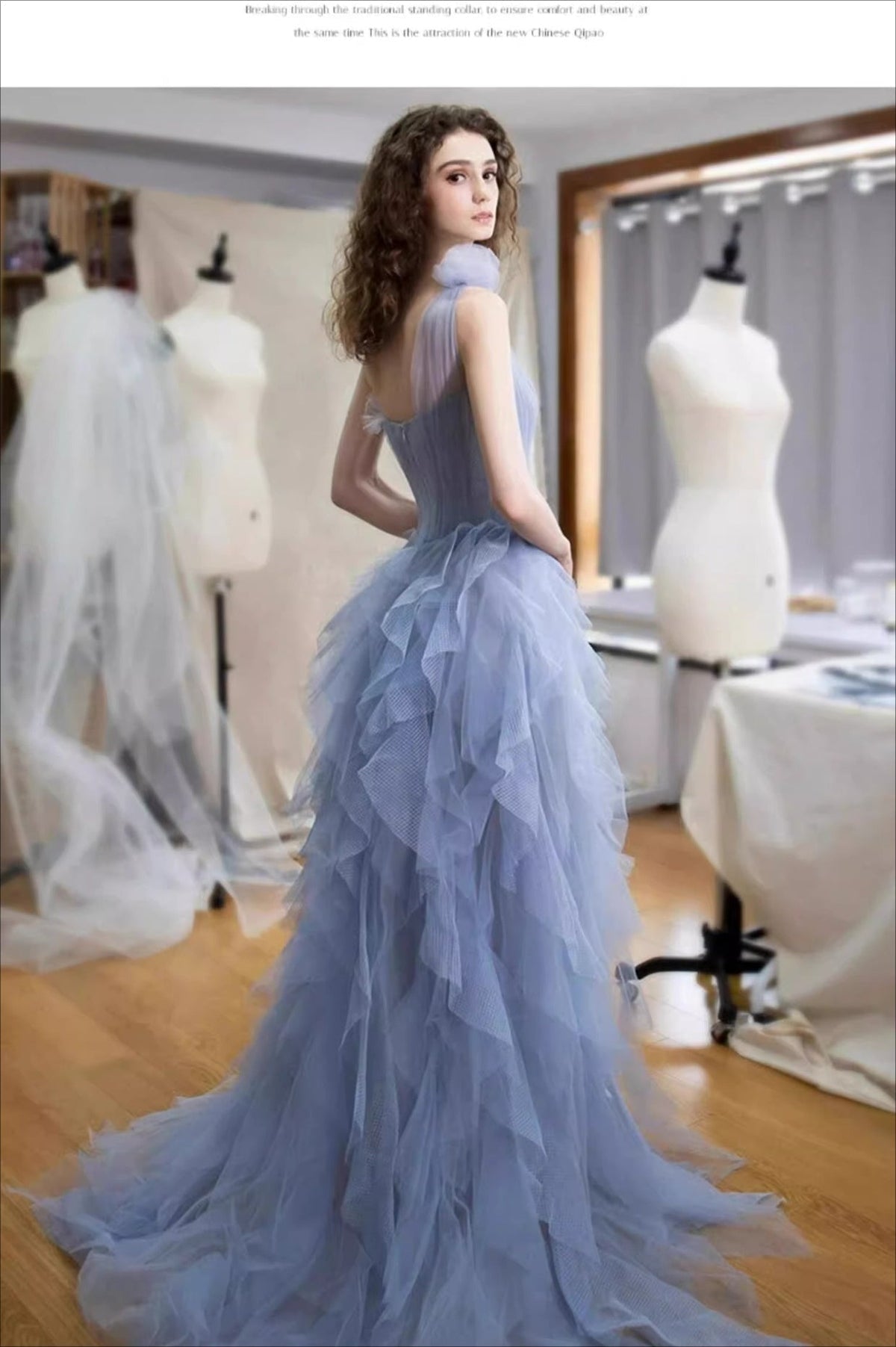 Tulle One Shoulder Bustier Tiered Ruffle Gown - View 6