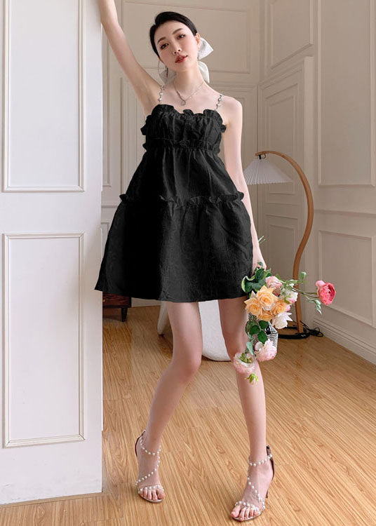 Jacquard Spaghetti Strap Pearl Rhinestone Ruffle Neck Mini Dress - View 5