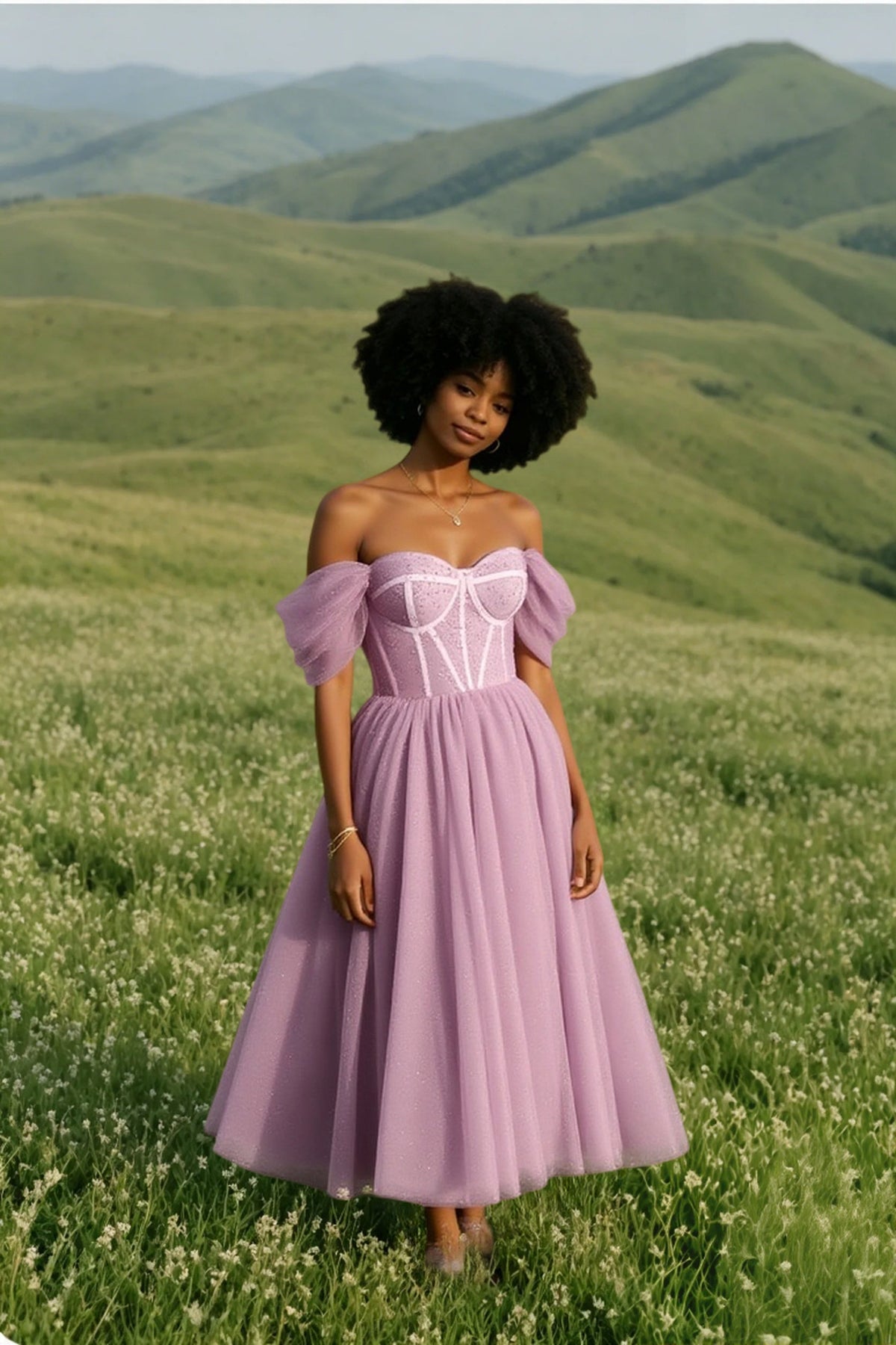 Tulle Off Shoulder Corset Bustier High Split A-Line Prom Dress - View 4