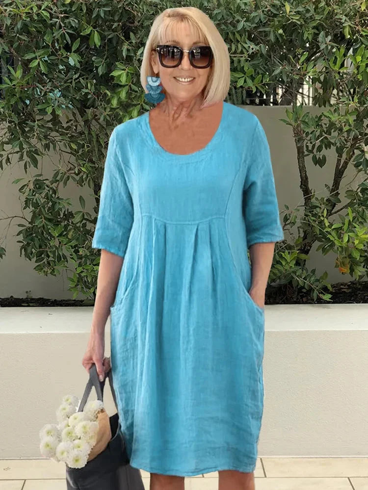 Linen Look Scoop Neck Pocket Knee Length Summer Shift Dress