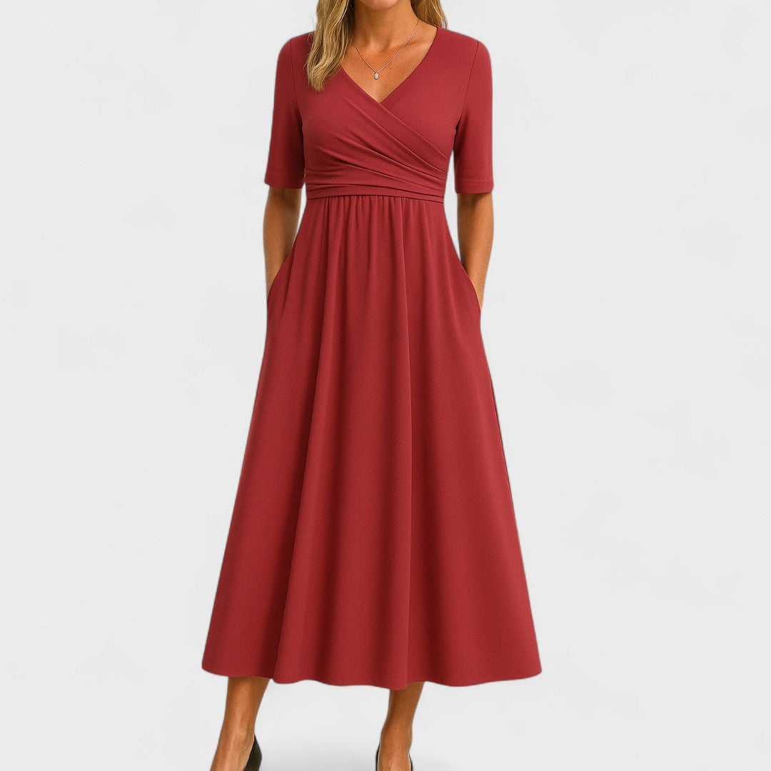 V-Neck Short Sleeve Ruched Waist Pocket A-Line Midi Dress 5