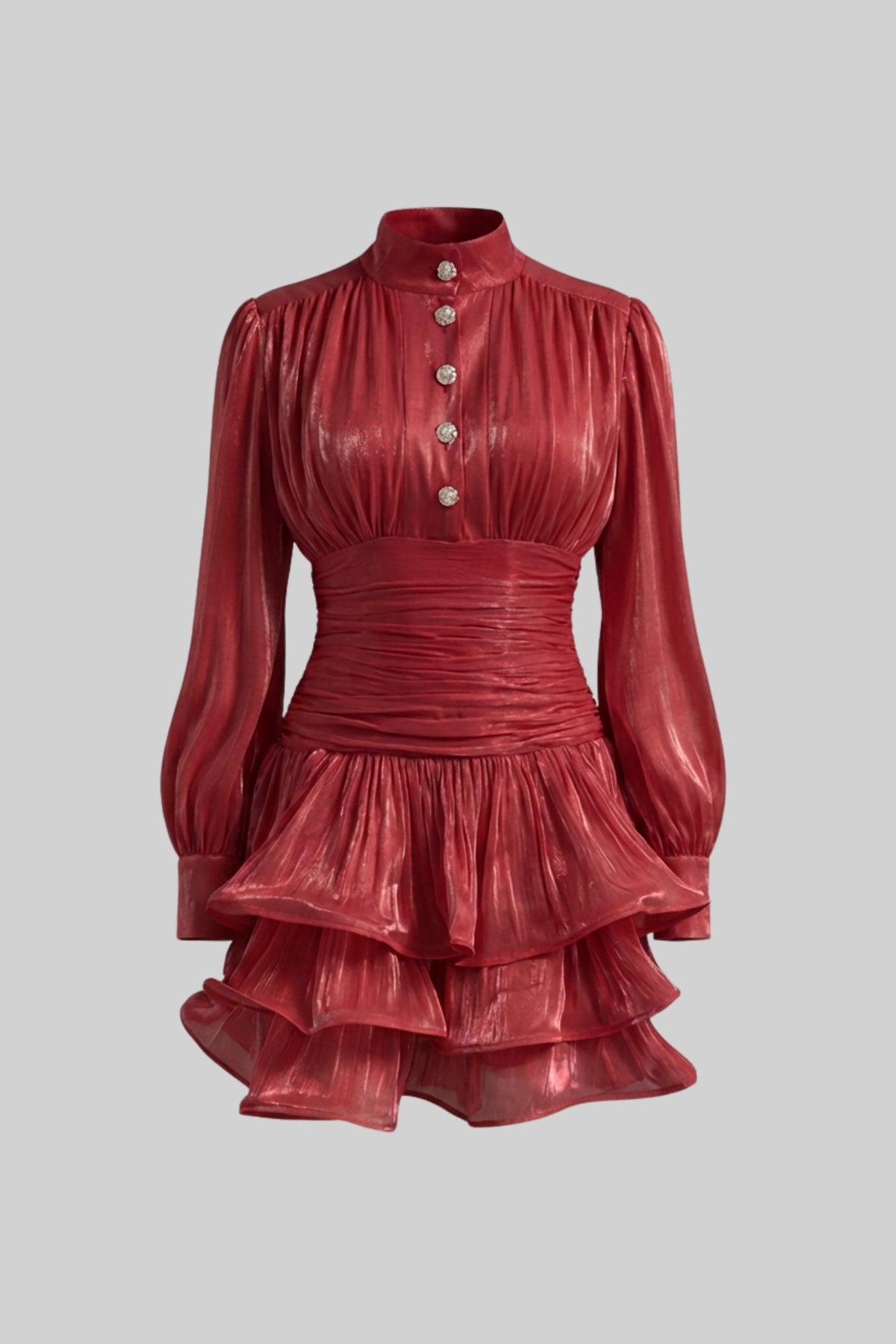Draped Long Sleeve Mini Dress With Tiered Ruffle Skirt - Red - View 2