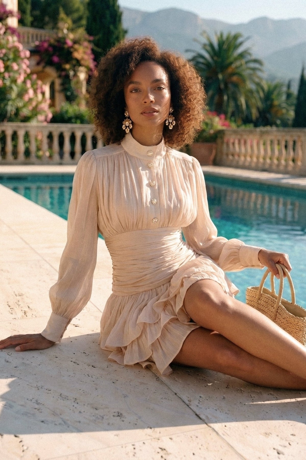 Draped Long Sleeve Mini Dress With Tiered Ruffle Skirt - Champagne - View 3