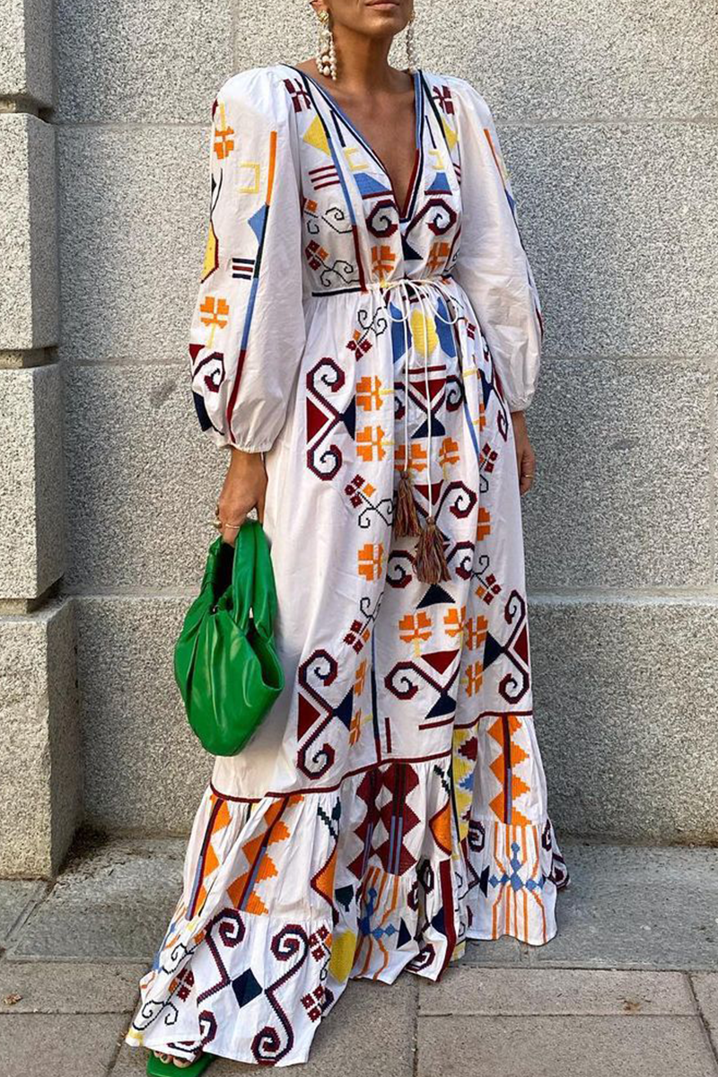 Geometric Print Deep V-Neck Puff Sleeve Drawstring Tiered Maxi Dress - View 2
