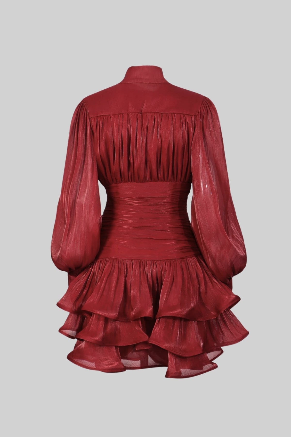 Draped Long Sleeve Mini Dress With Tiered Ruffle Skirt - Red - View 9