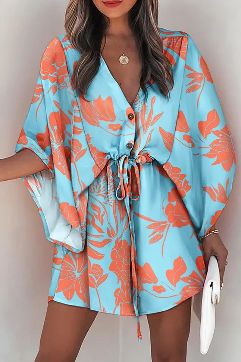 V-Neck Button Down Kimono Sleeve Drawstring Waist Mini Dress - View 3