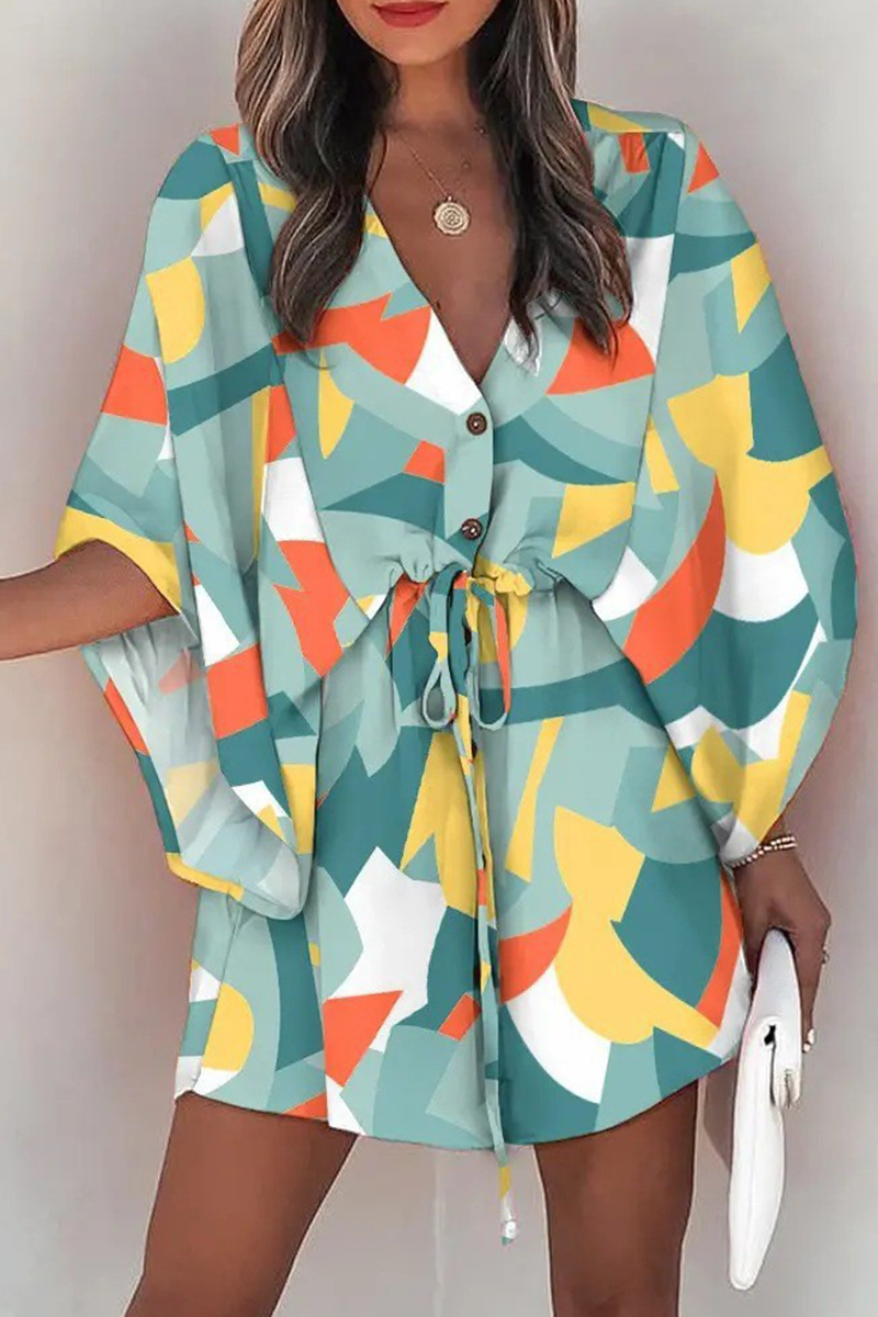 V-Neck Button Down Kimono Sleeve Drawstring Waist Mini Dress - View 5
