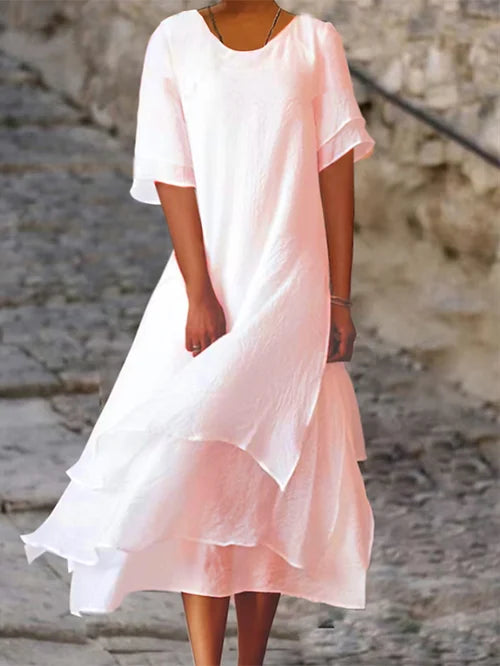 Round Neck Short Sleeve Tiered Handkerchief Hem Midi Dress - View 2