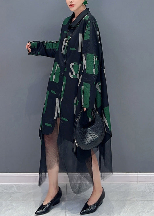 Letter Print Collared Button Down Long Sleeve Tulle Shirt Dress - View 4