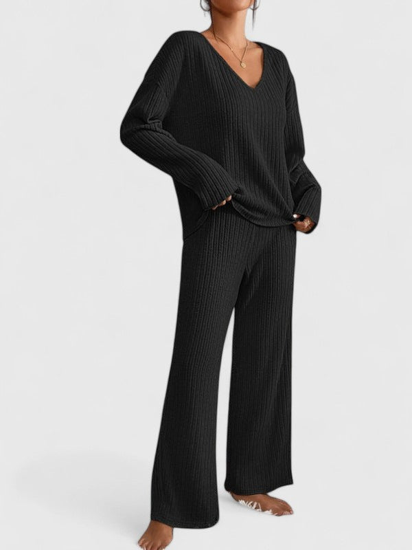 V-Neck Long Sleeve Ribbed Knit Top and Wide Leg Pants Two Piece Set 2