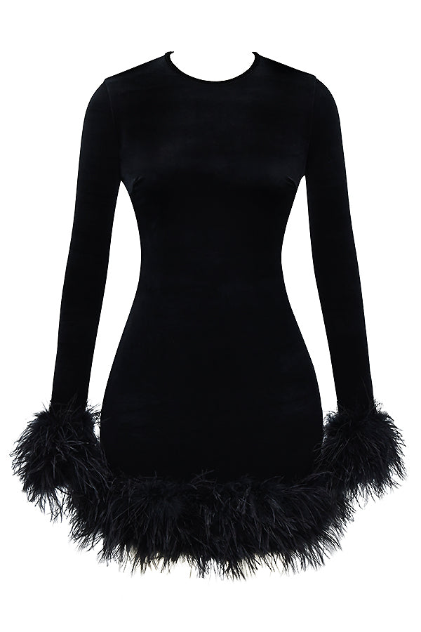 Velvet Crew Neck Long Sleeve Feather Trim Bodycon Mini Dress 5
