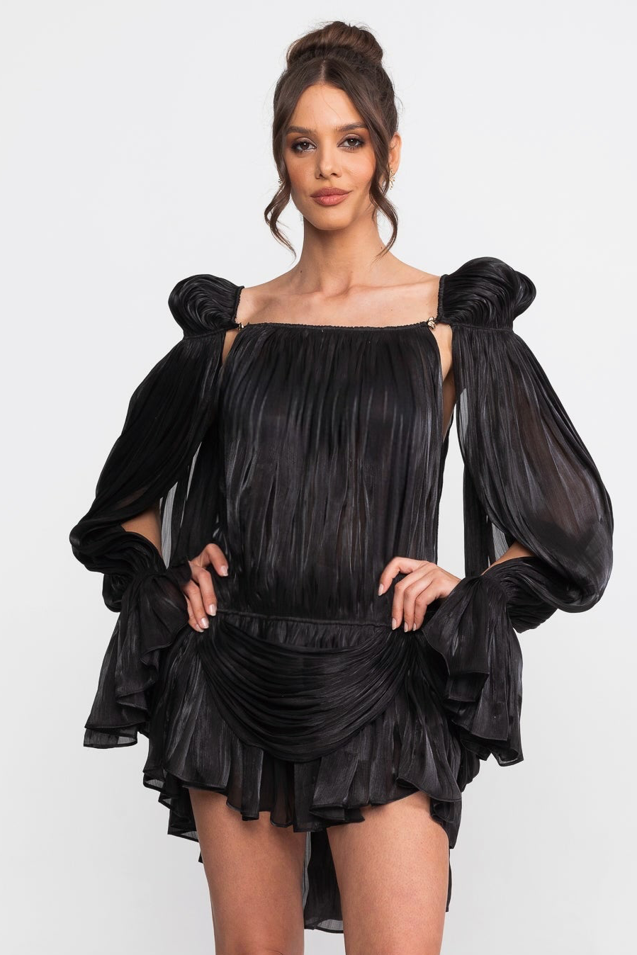 Pleated Puff Sleeve Ruffle Tier Cape Back Mini Dress - View 2